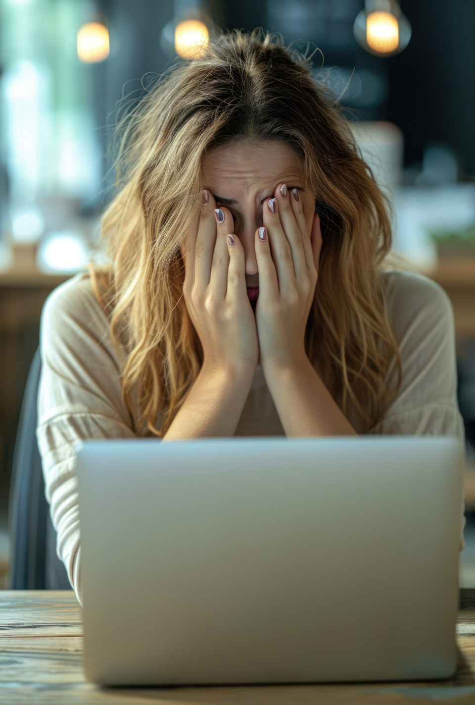 Stressed woman covers face at office desk with laptop feeling overwhelmed with work pressure, accountability image