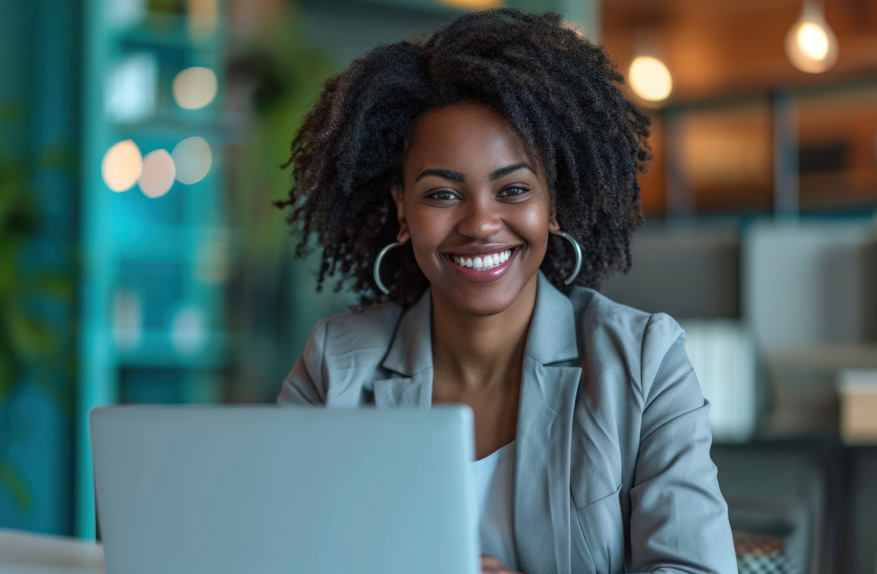 Black businesswoman happily working on her laptop in the office, accountability photo