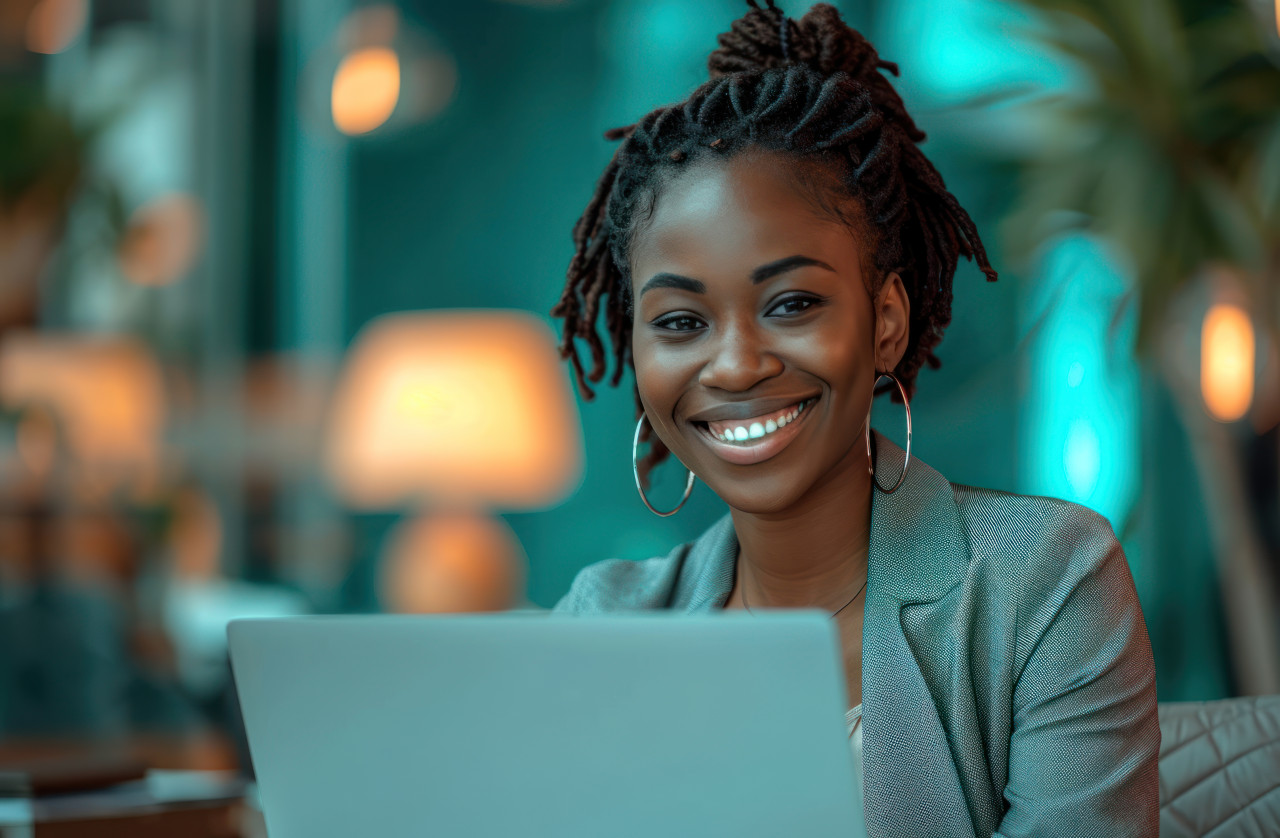 Smiling black businesswoman using laptop at office workspace, accountability concept