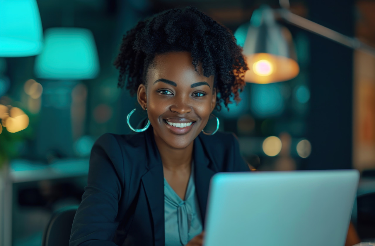 Smiling black businesswoman using laptop at the office working with joy and efficiency, responsibility image