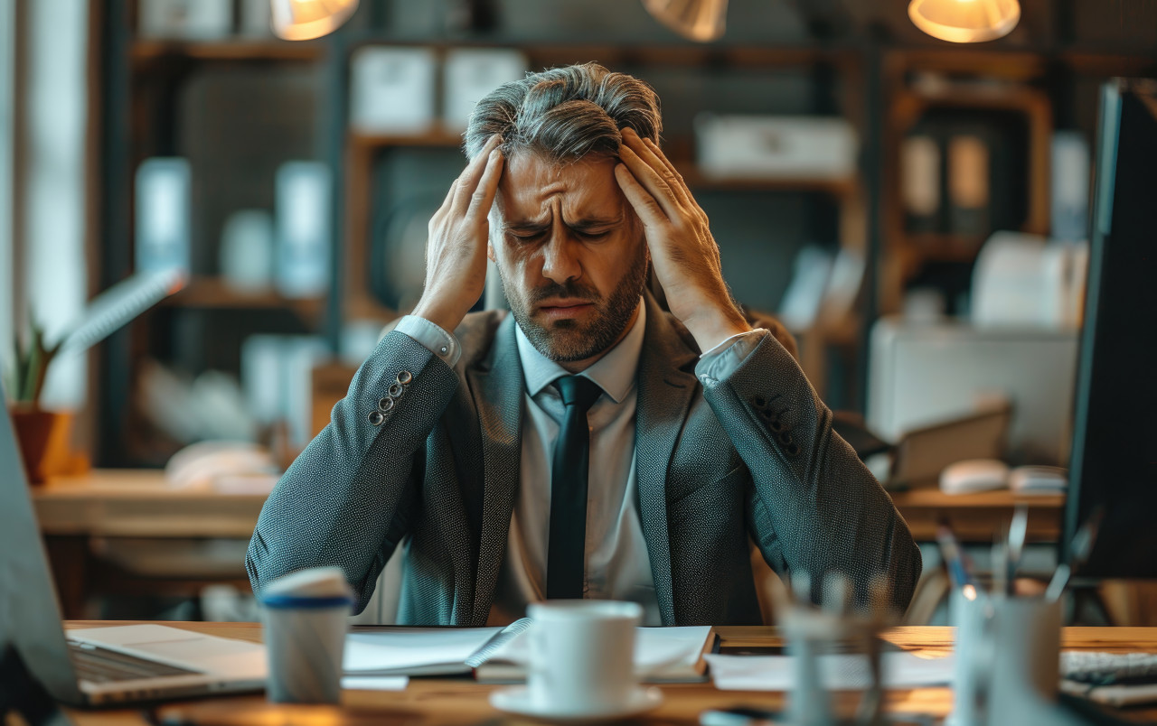 Stressed businessman at office desk experiencing head pain, responsibility photo