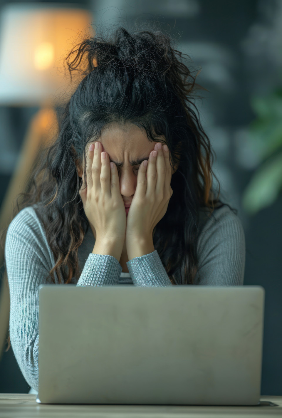 Woman in office stress hands covering face overwhelmed with workload on her laptop, accountability concept