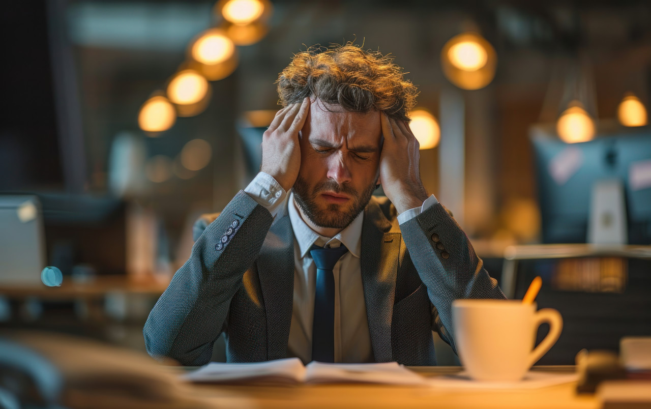 Businessman at office experiencing head pain, responsibility concept