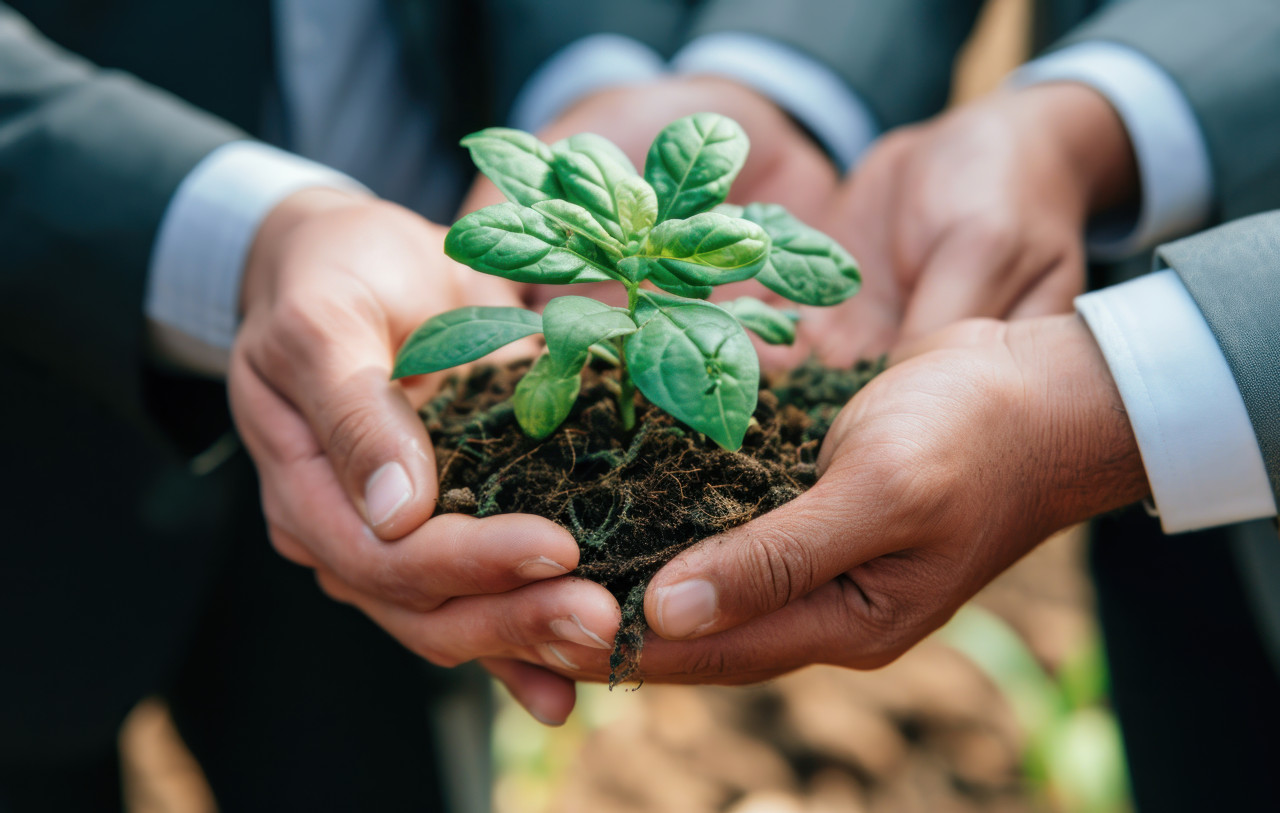 Businesspeople holding a plant in their hands symbolizing growth teamwork, accountability concept