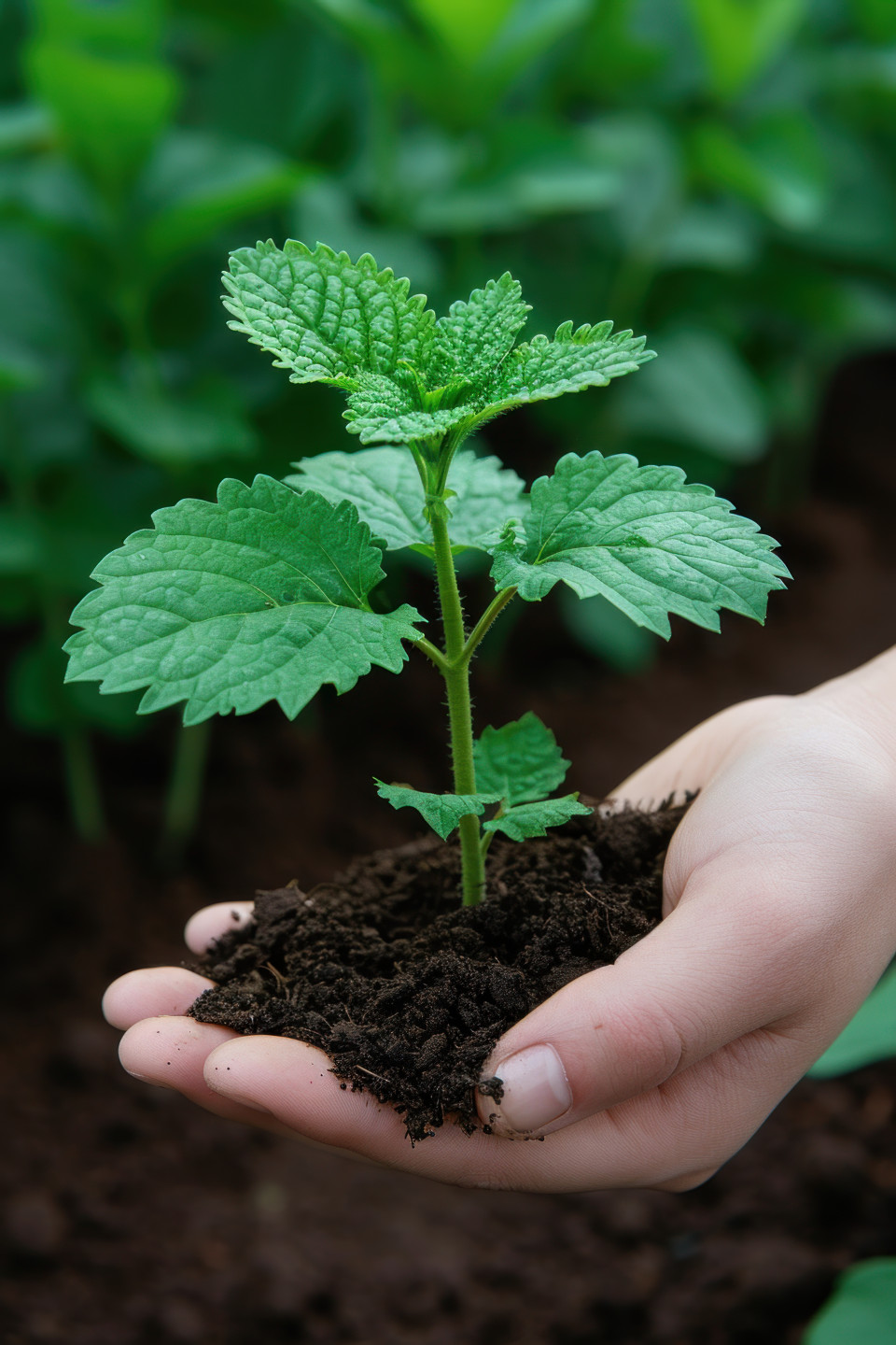 Hand holding growing green plant in soil, responsibility image