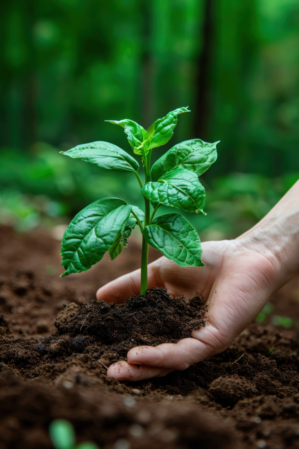 Person hand holding a growing green plant in soil symbolizing growth and nature, accountability photo