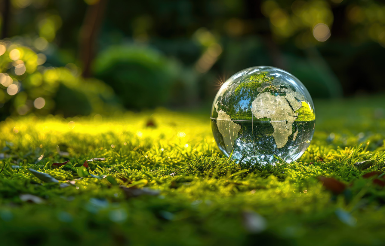 A globe placed on vibrant green grass, responsibility photo
