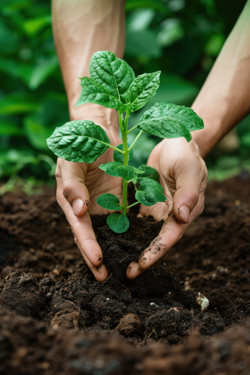 Person hand holding a green plant in soil, responsibility concept