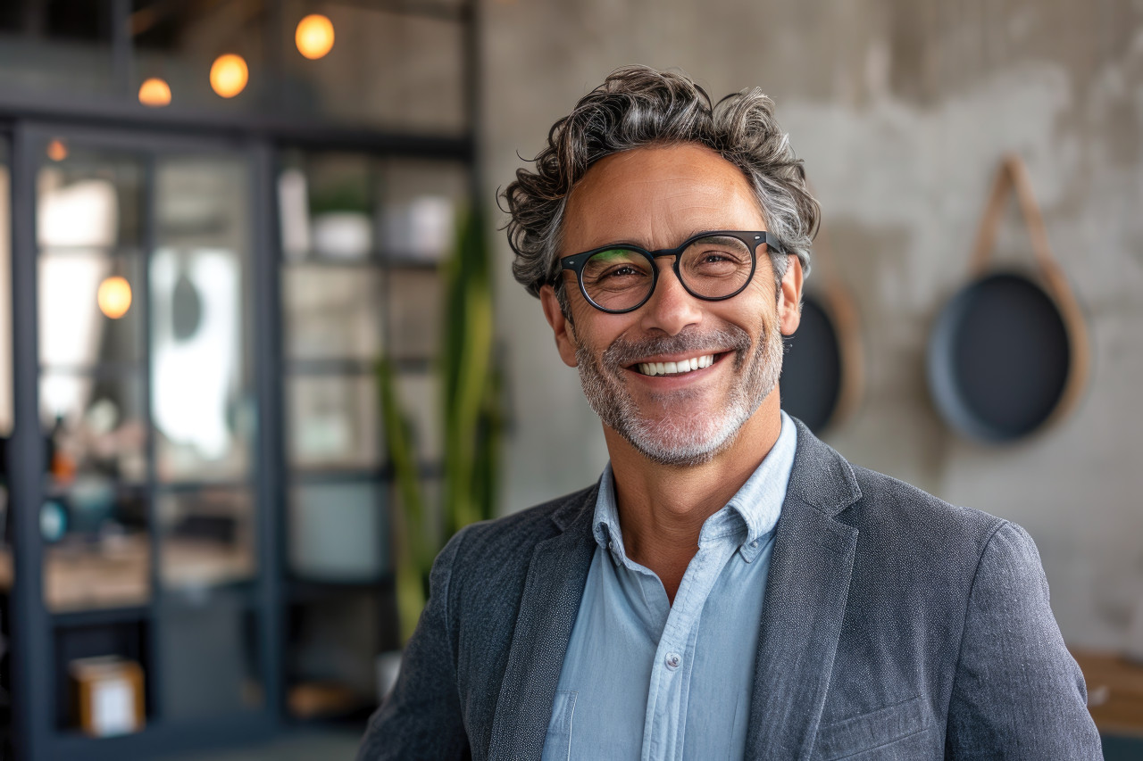 Smiling businessman executive with glasses in a modern office setting, responsibility concept
