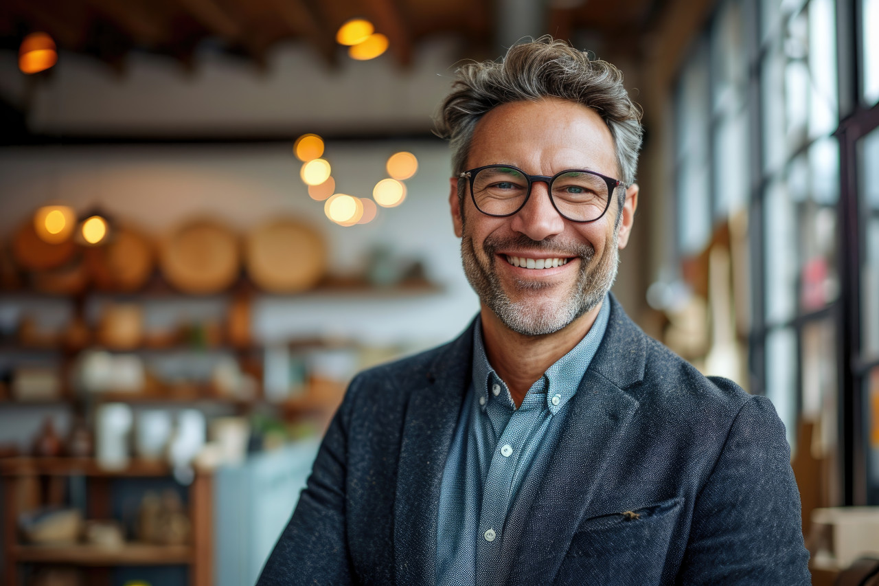 Businessman executive wearing glasses smiles in modern office, responsibility image