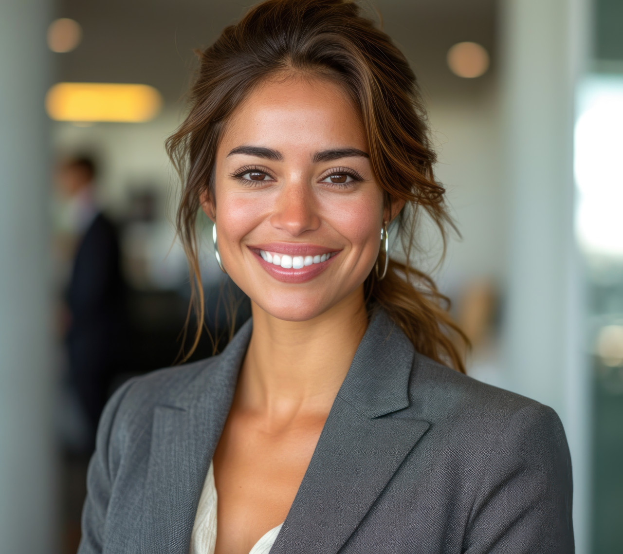 Smiling businesswoman in the office exuding confidence and success in her professional attire, responsibility picture