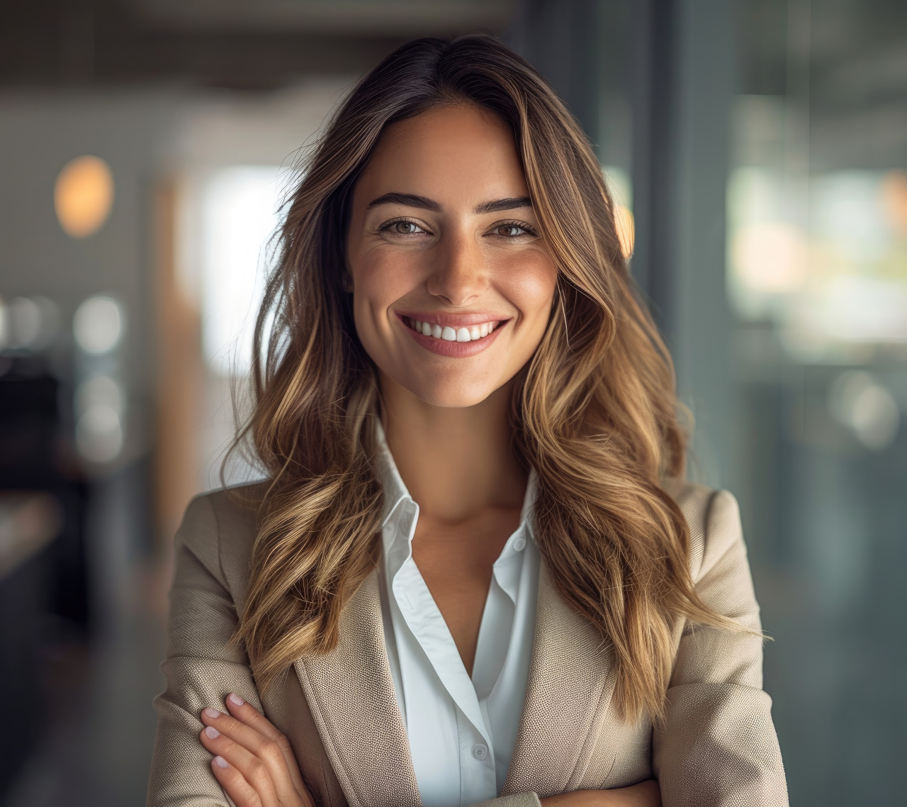 A confident businesswoman with folded arms exuding positivity in an office setting, responsibility image
