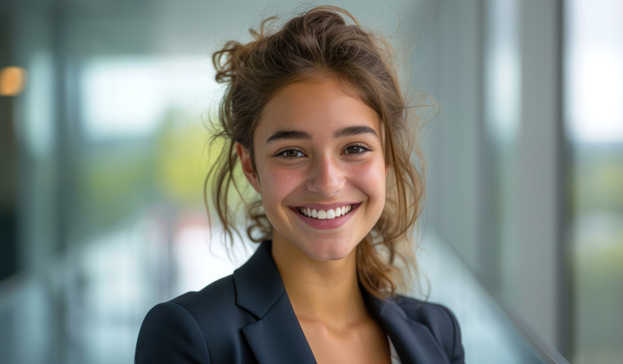 Smiling young businesswoman in business attire exuding confidence, accountability image