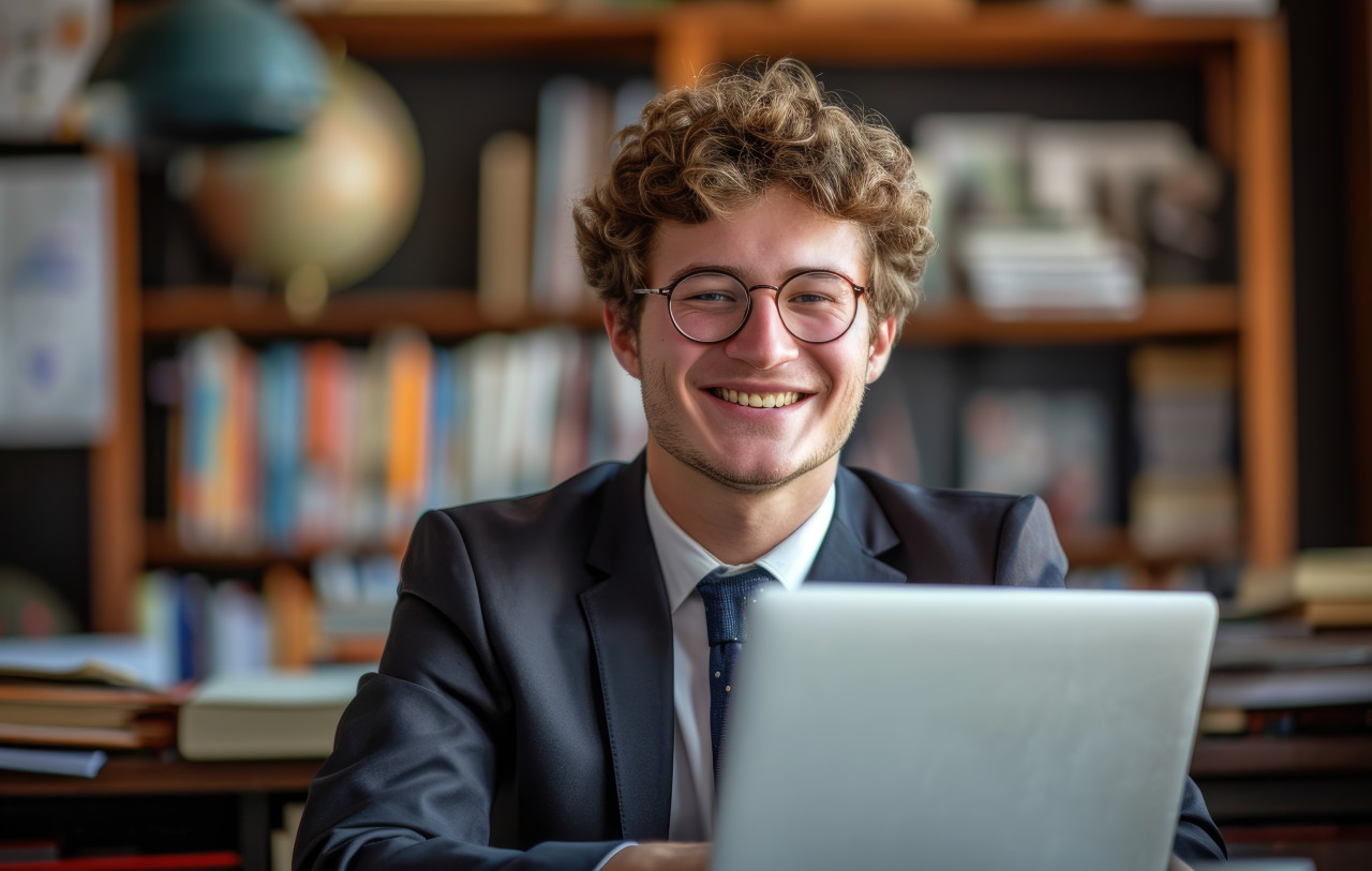 A young man wearing a glasses and business suit smiling at a laptop in the office, responsibility picture