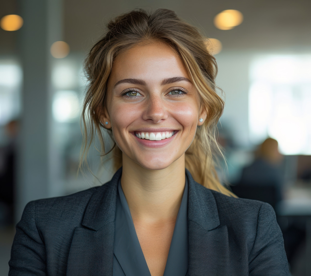 A smiling businesswoman in a professional suit in the office, accountability image