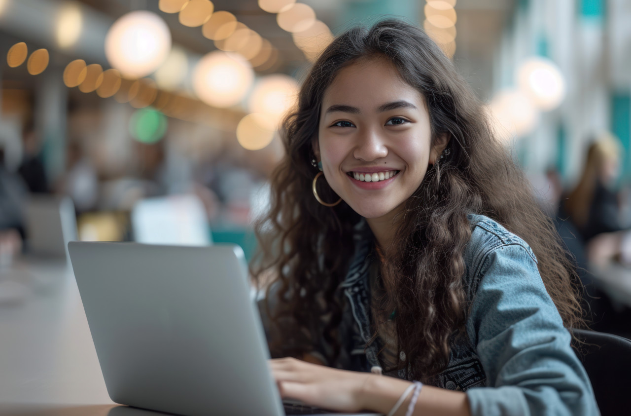 Young female smiling working on laptop in office, accountability concept