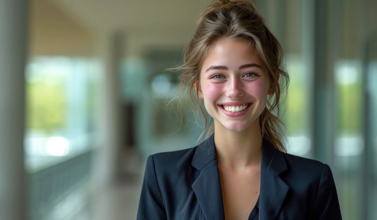 Young businesswoman in professional attire smiling confidently, responsibility photo
