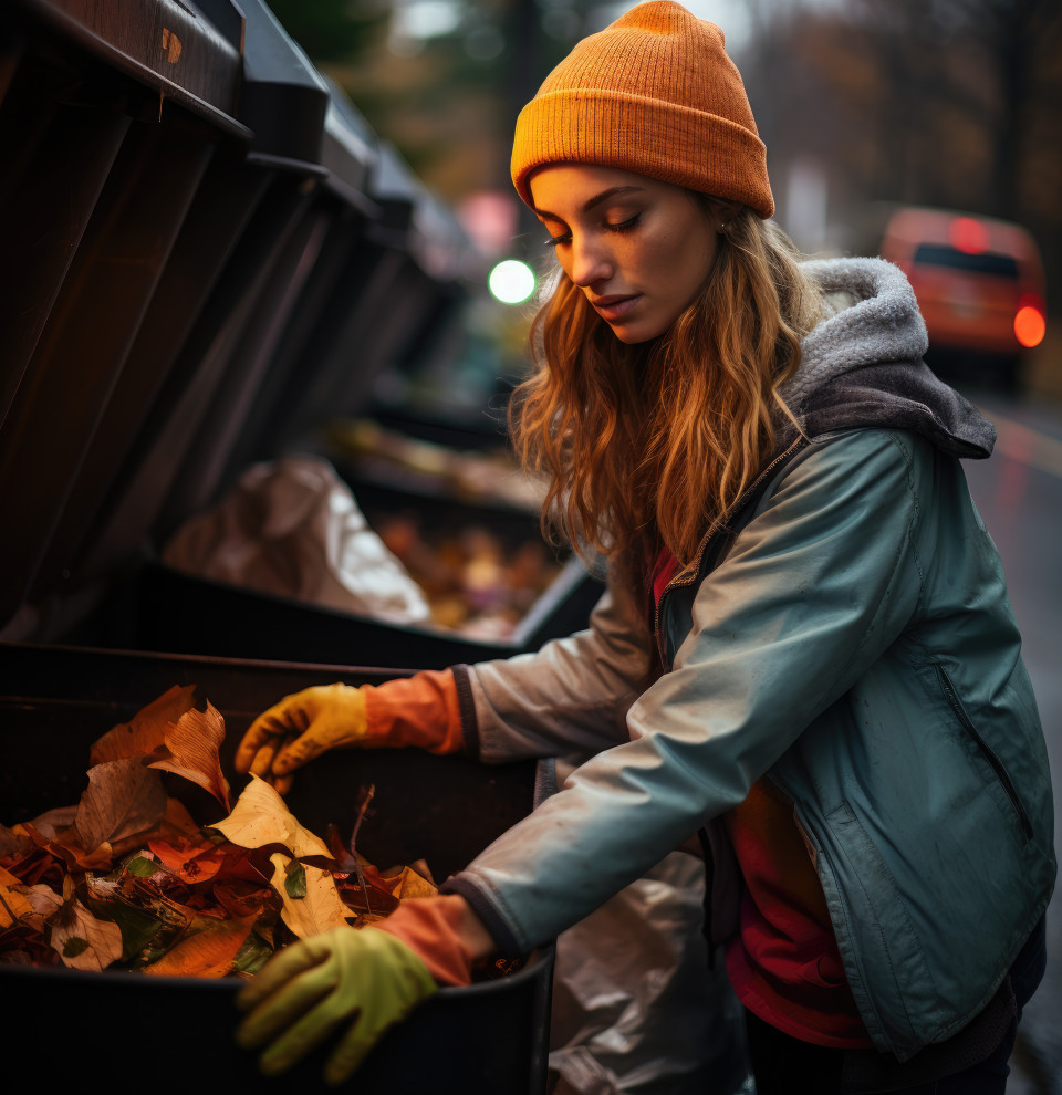 Responsible woman putting of trash in bin with gloves, social responsibility concept