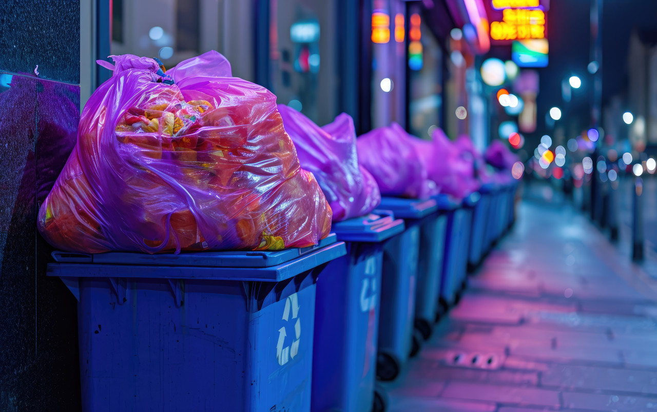 Blue bins with trash bags on a city street, social responsibility photo