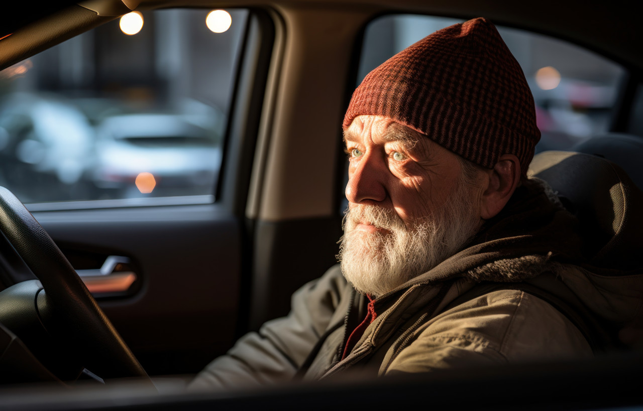 An elderly man sits in his car stuck in traffic, public transport city picture