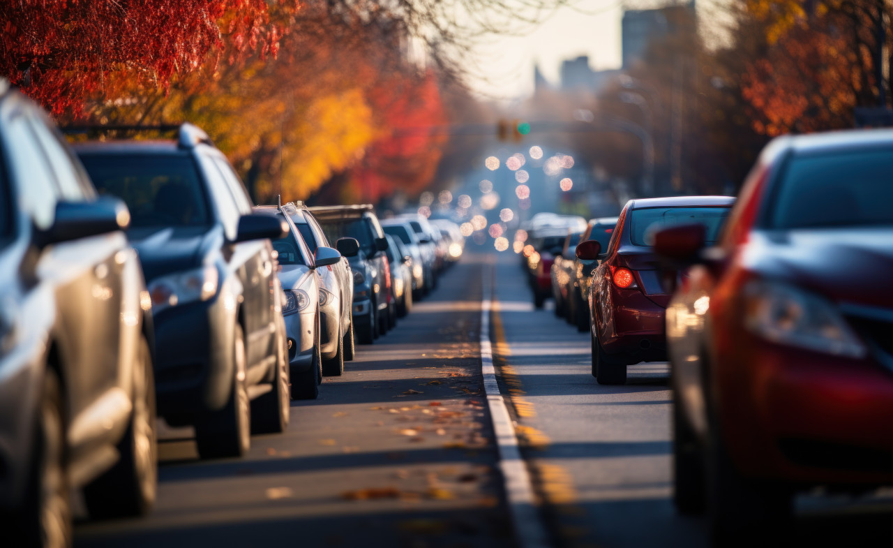 Public road with a traffic jam cars stuck slow movement, urban transportation image