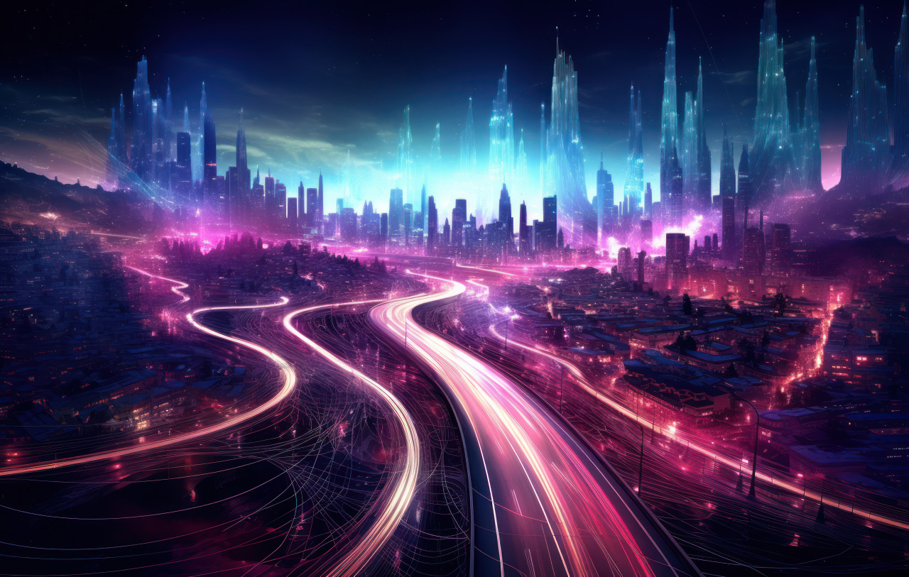 Modern city skyline over night highway, urban transportation image