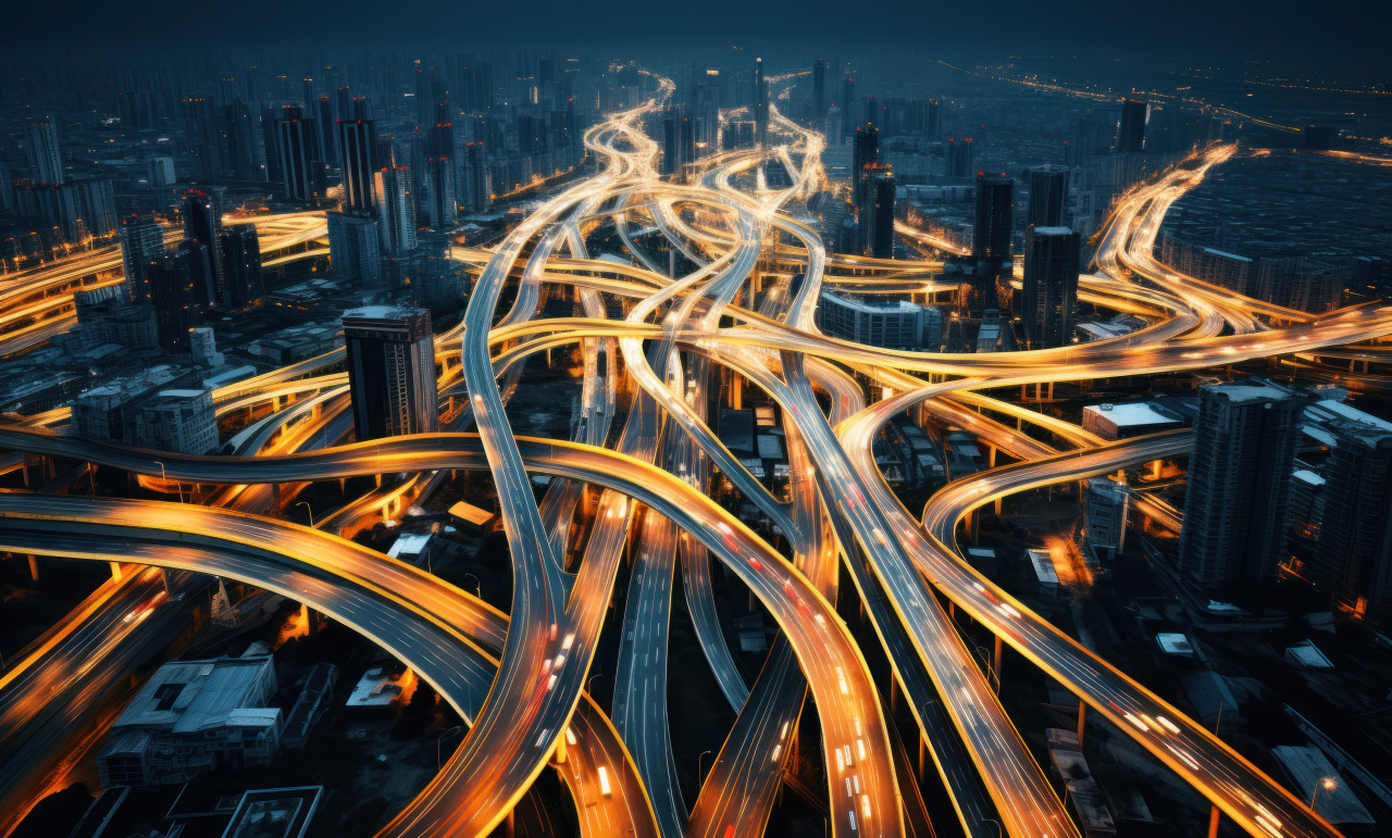 Aerial view of city highway, urban transportation image