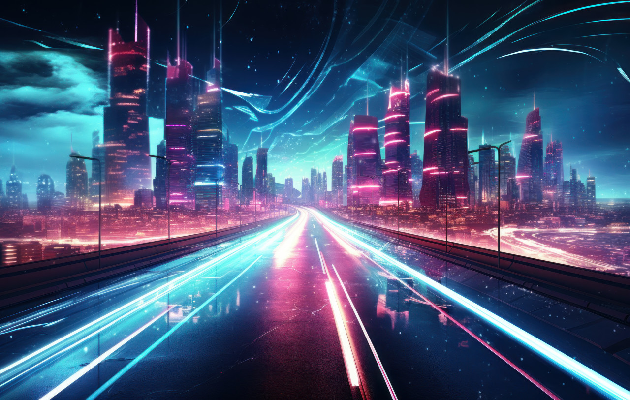 Modern city skyline over a nighttime highway, city commute photo