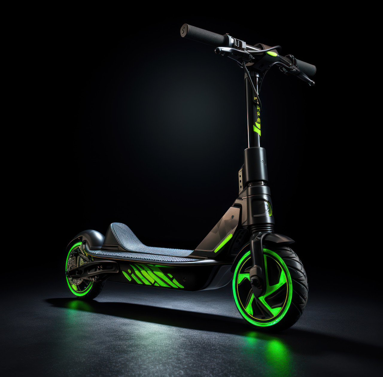 A electric scooter in green and black on a black backdrop, public transport city picture