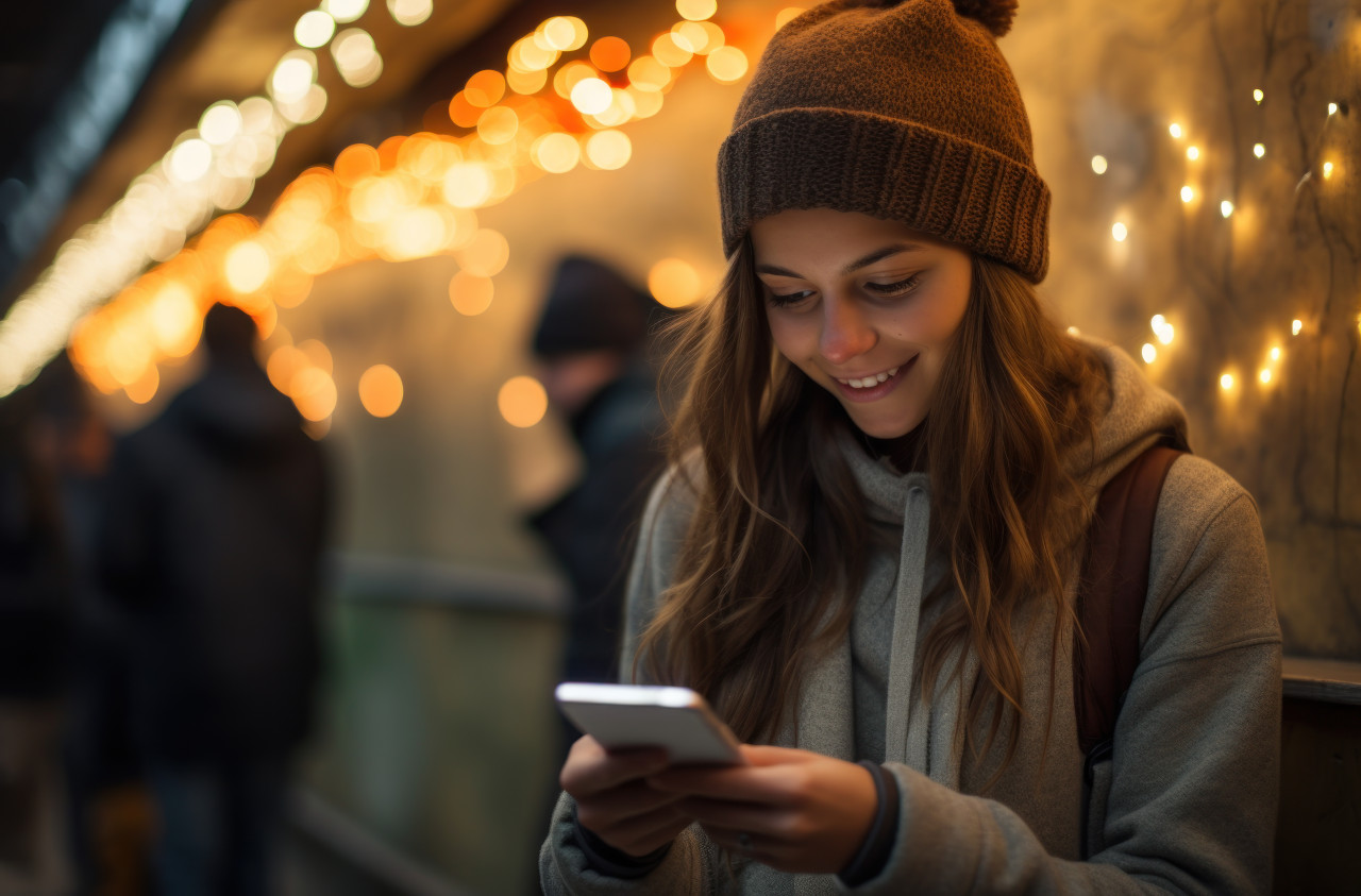 Woman using smartphone in outdoor, public transport city picture