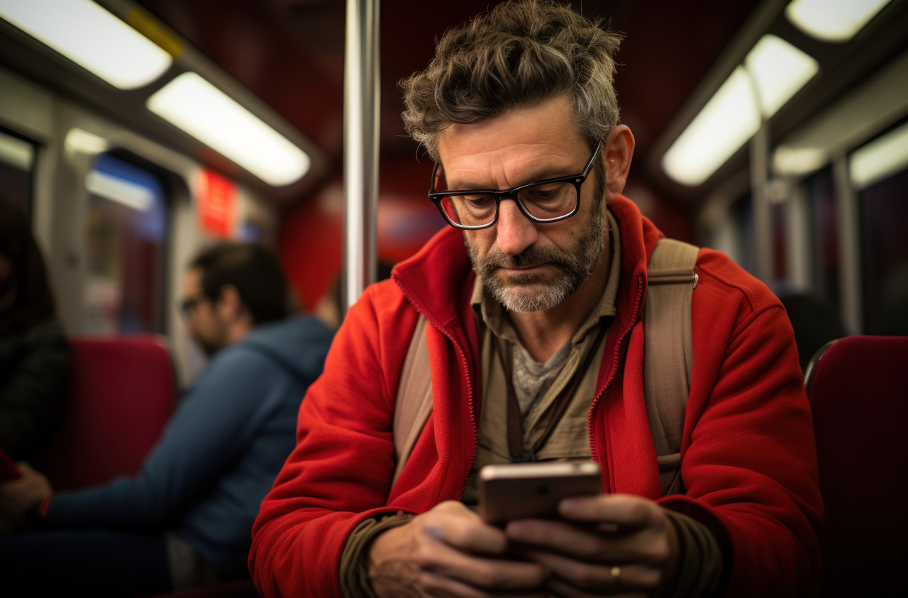 A middle aged man seated on a train using phone, public transport city picture