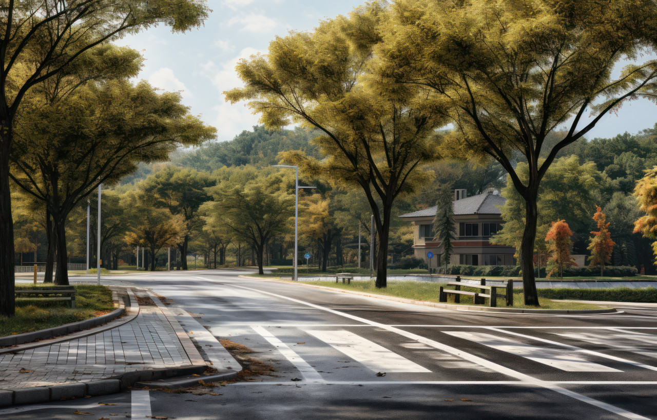 Crosswalk with trees across road, commuter lifestyle photo