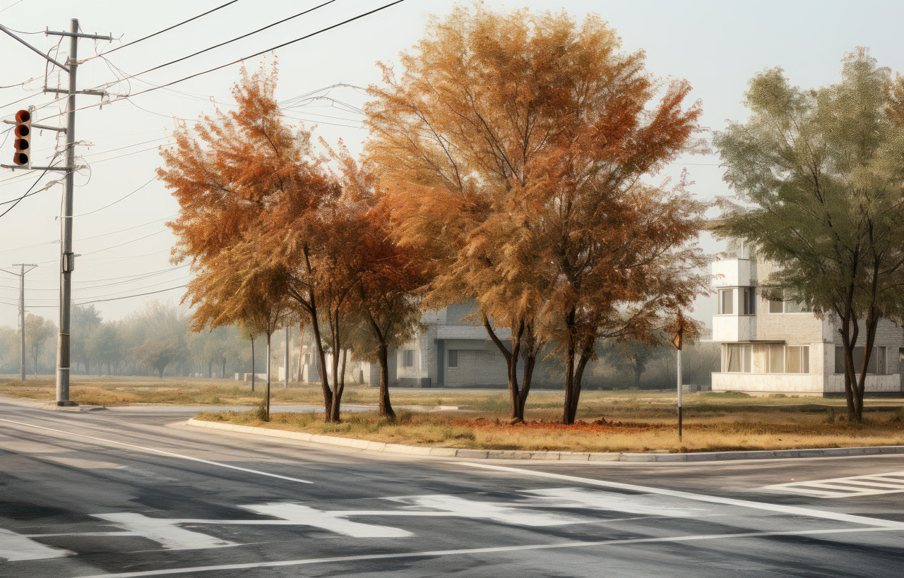 Photo of crosswalk with trees across road, public transport city picture