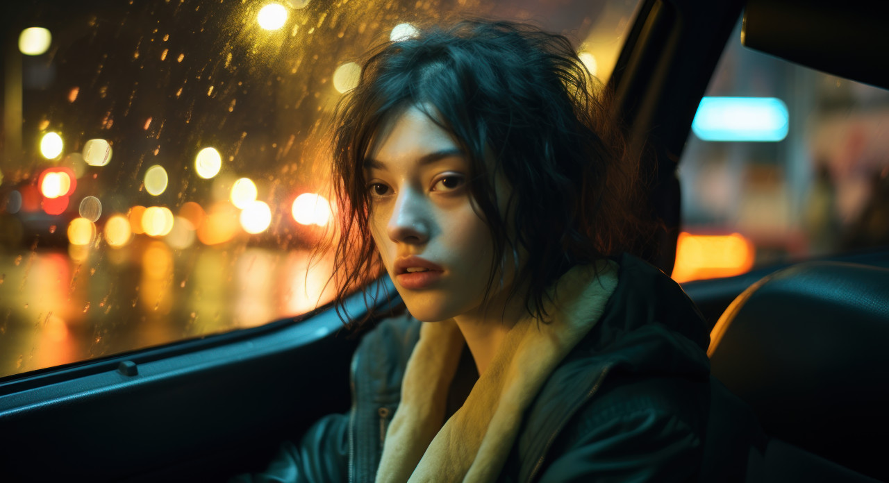 Woman seated in car during rainy night, public transport city picture