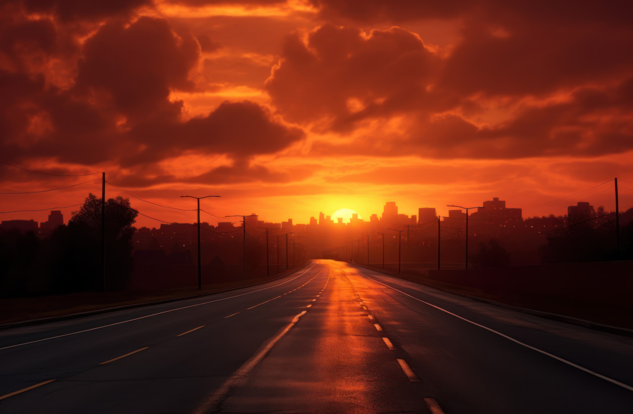 An empty road at sunset, urban transportation image