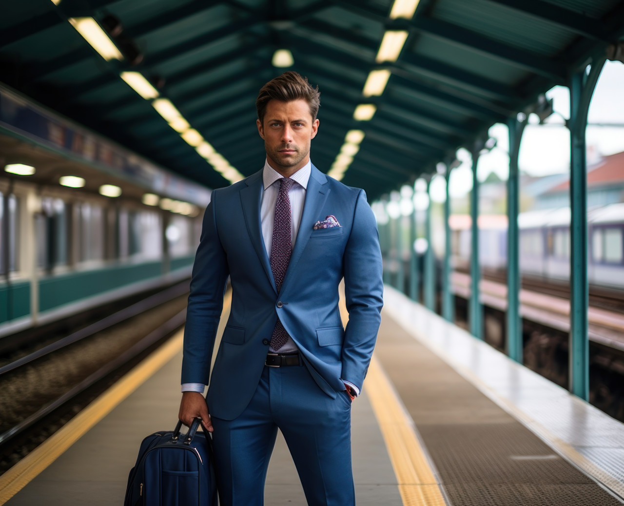 A businessman in business attire stands at a train station, commuter lifestyle photo