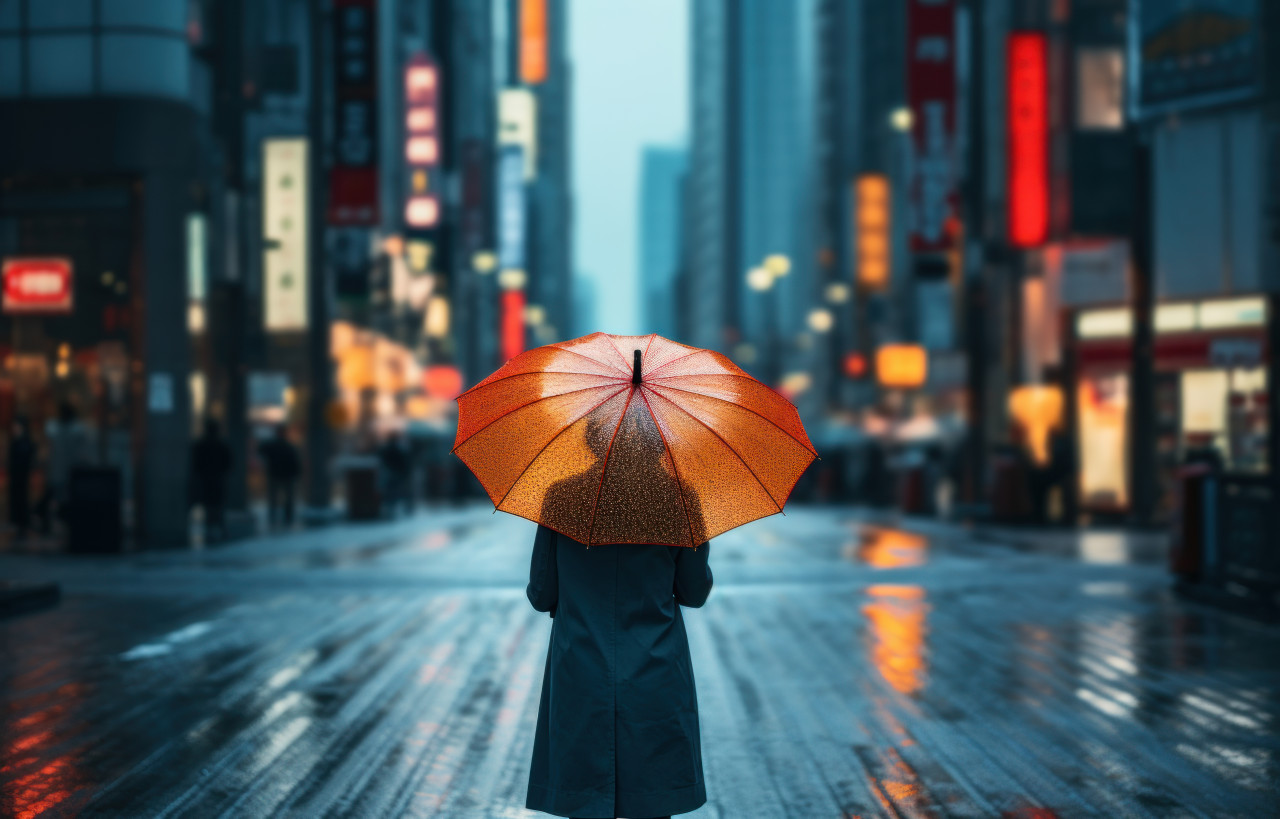 Woman holding umbrella on city street, public transport city picture