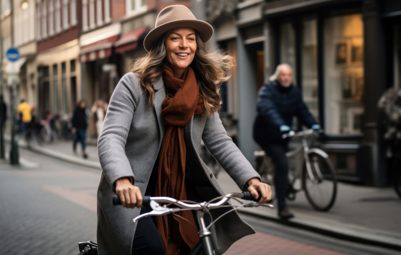 Woman in coat and hat riding bicycle down street, urban transportation image