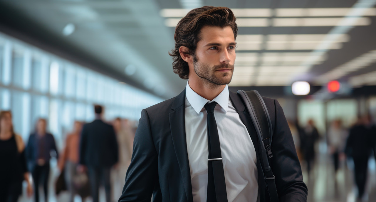 Attractive businessman in suit walking through airport, urban transportation image
