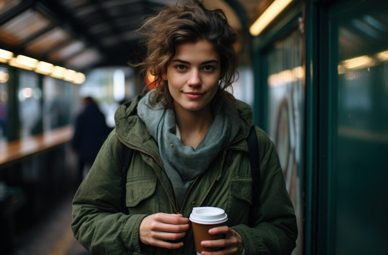 Young woman holding coffee outside metro station, public transport city picture