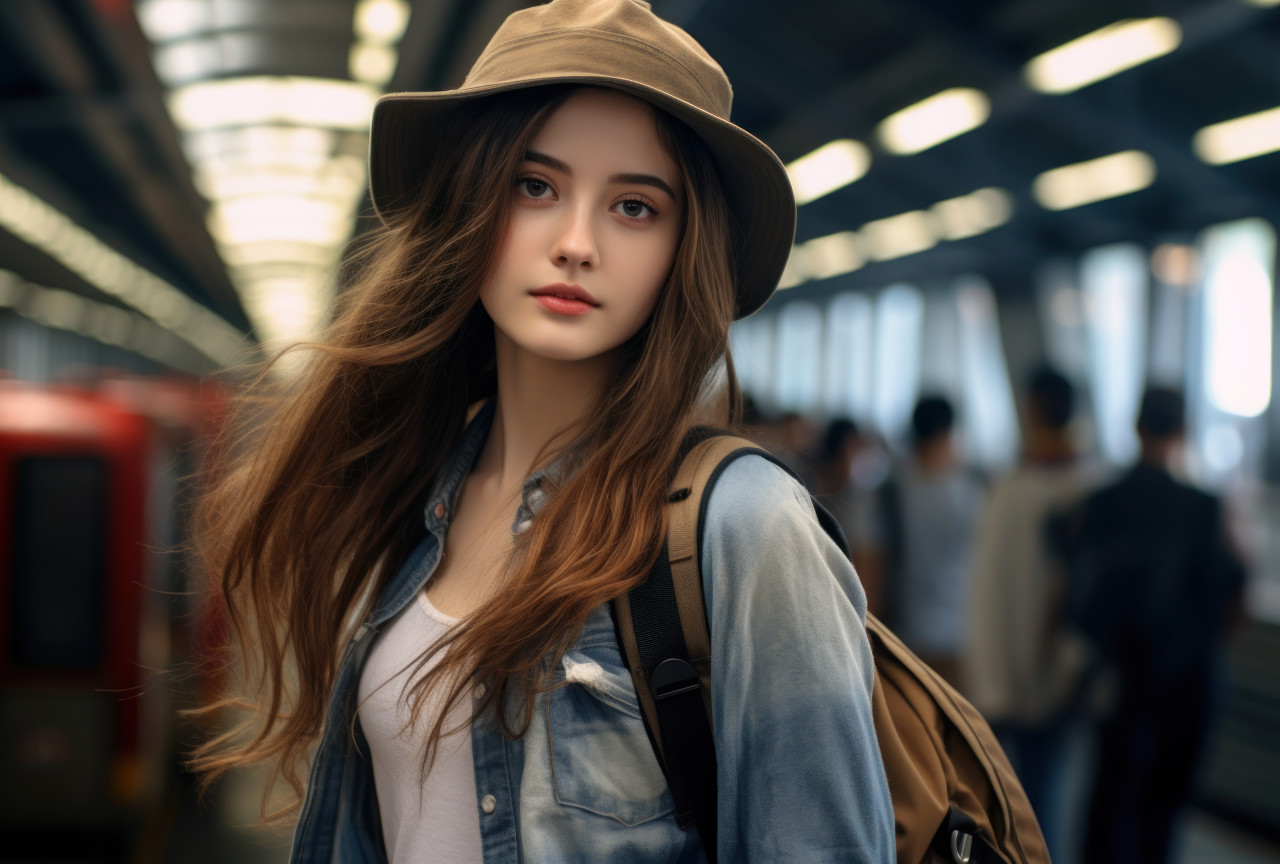 Attractive young woman with backpack at train station, public transport city picture