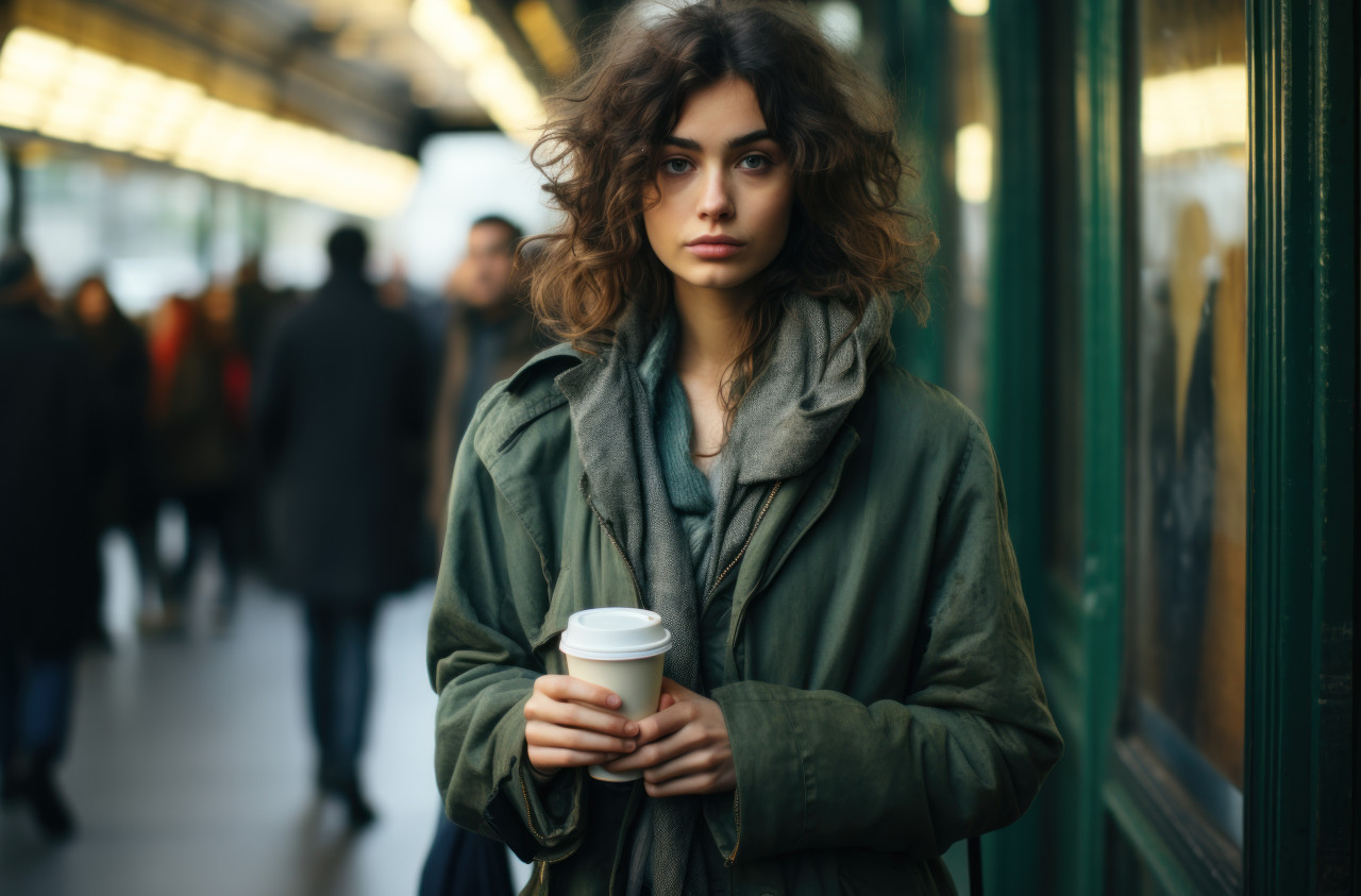 Woman enjoying coffee outside metro station, commuter lifestyle photo