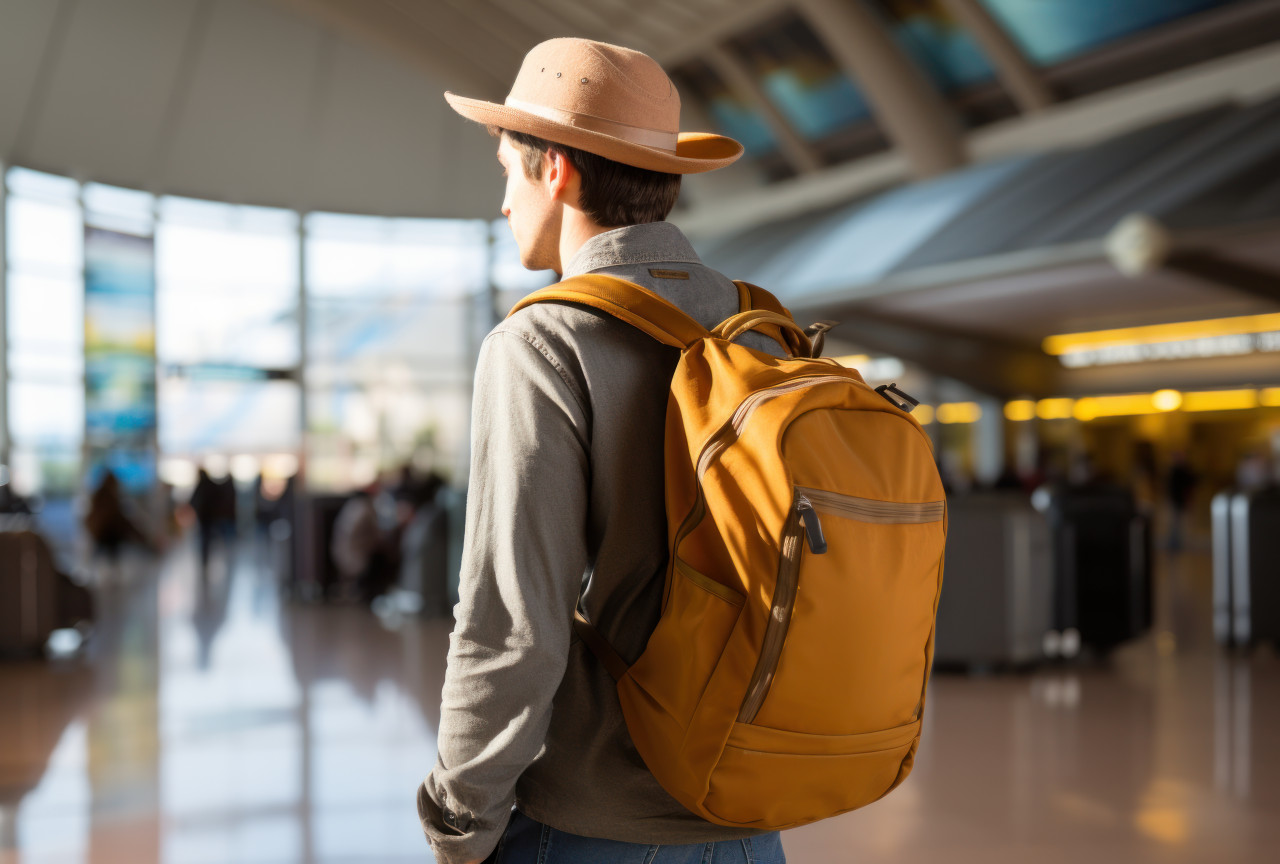 A traveler young man with a backpack through an airport, public transport city picture