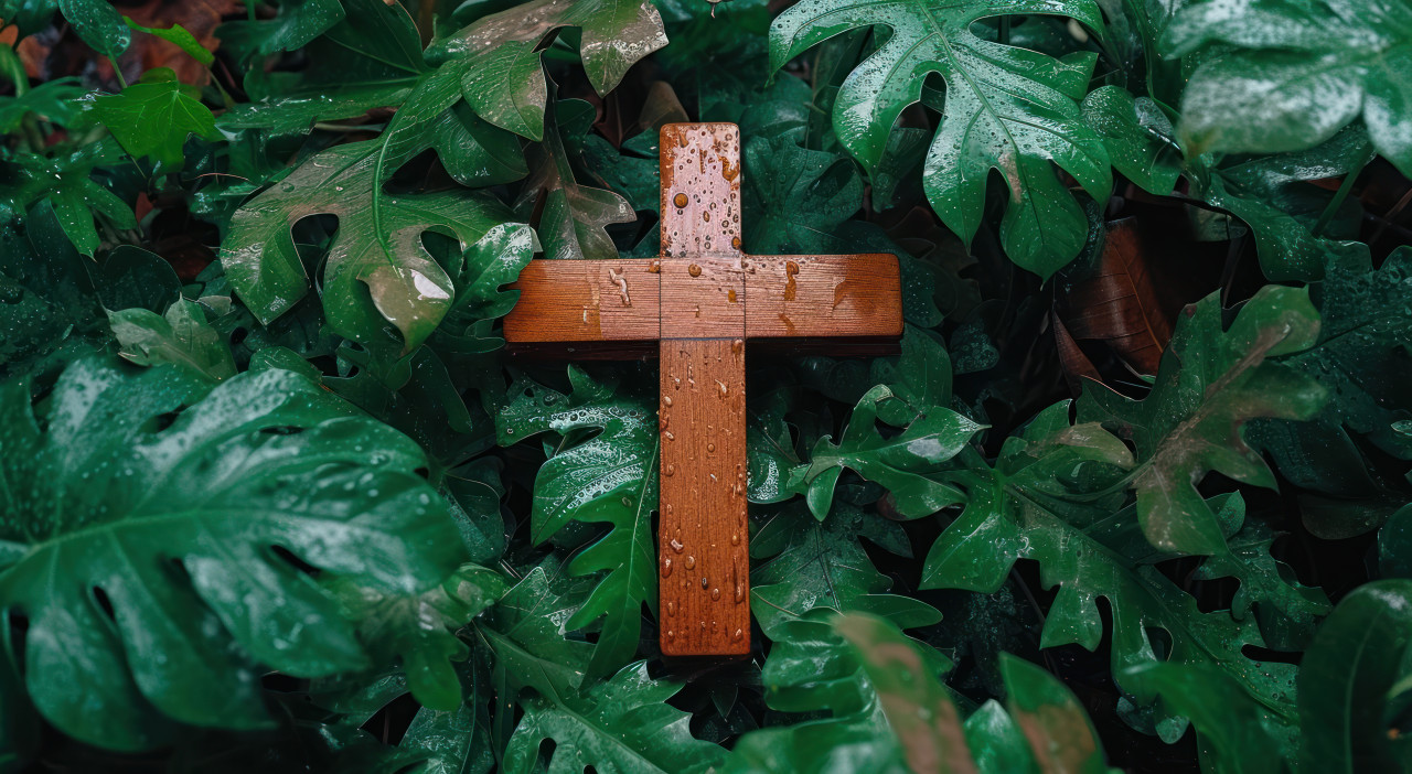 A wooden cross resting on green leaves, palm crosses photo