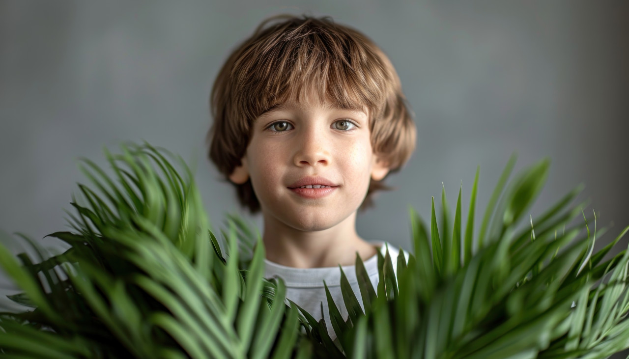 Young boy holds plum leaves, children in palm sunday concept