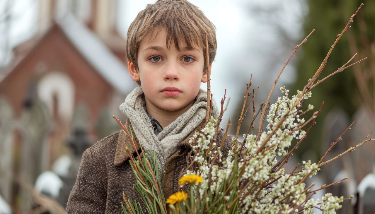 A boy holds willow branches in church, children in palm sunday image