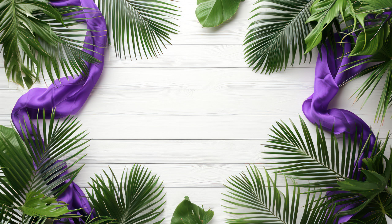 A white wood backdrop with palms and a purple sash, palm sunday decorations concept