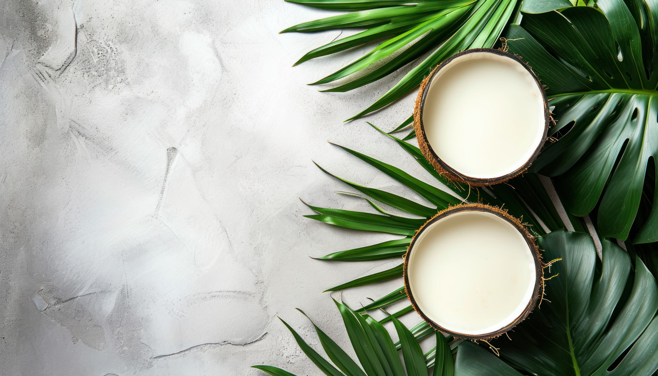 Coconut milk and palm leaves against a tropical backdrop, palm sunday decorations picture