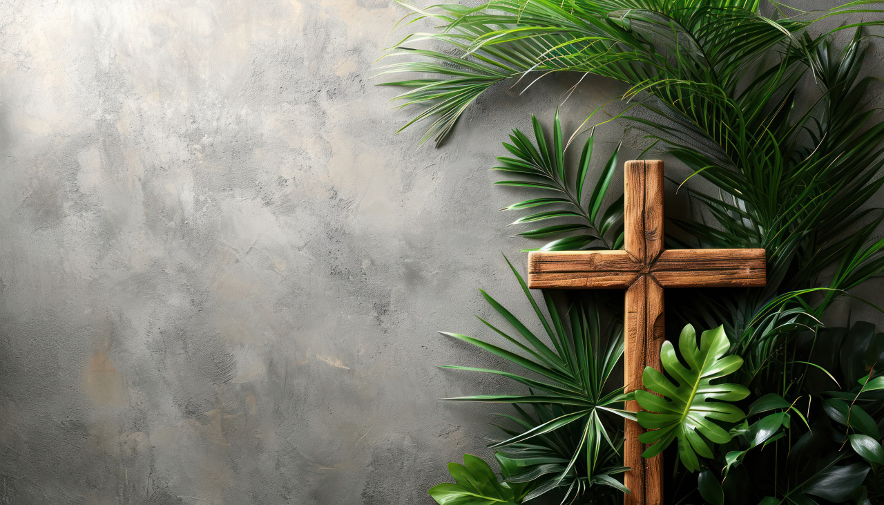 A cross and palm against on grey background, palm crosses image