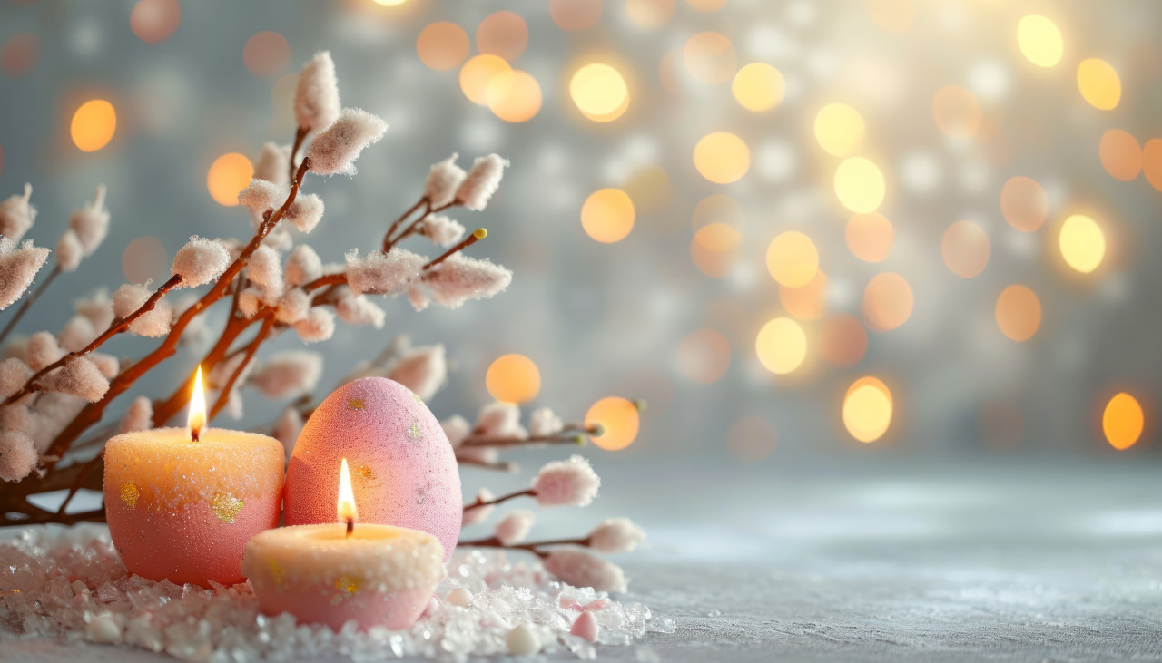 Easter egg candles and pussy willow branches a scene with bokeh lights, palm sunday sunset concept